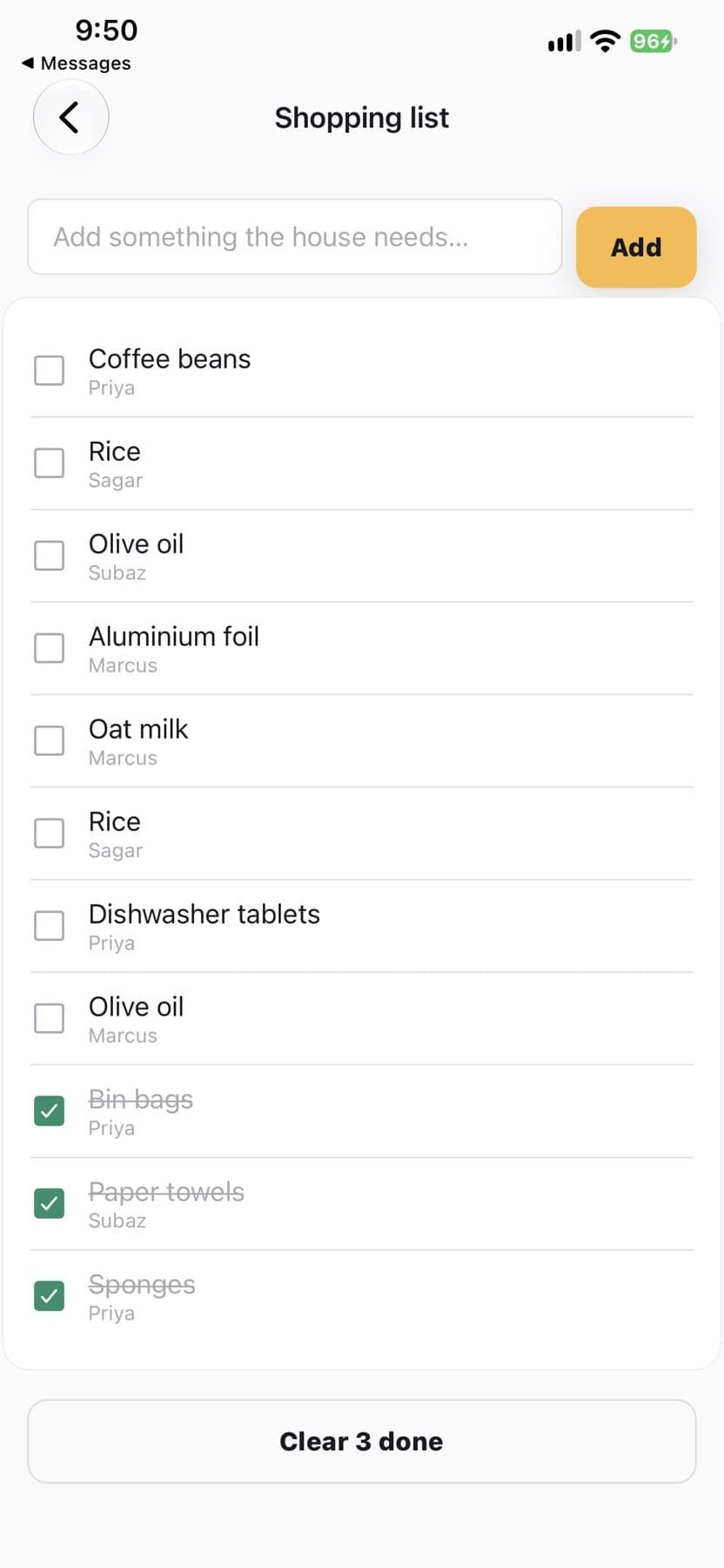 Ghar shared shopping list