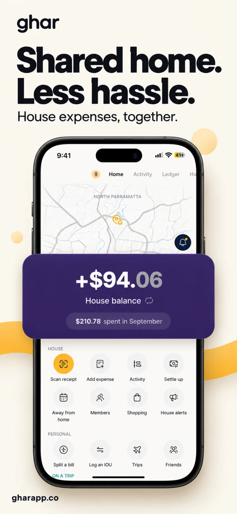 Ghar home screen showing the shared house balance and everyday shortcuts