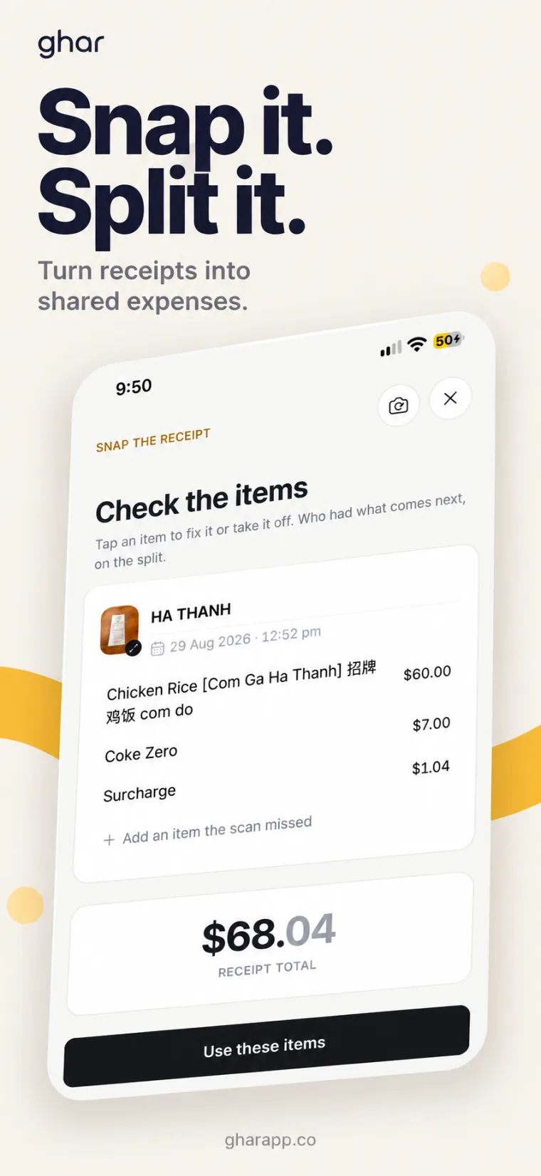 Ghar turning a photographed receipt into an itemised shared expense