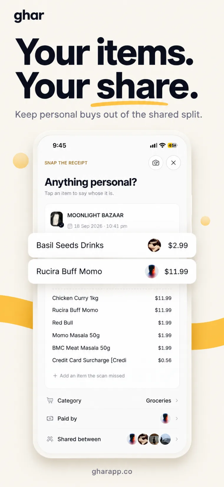 Ghar receipt screen assigning personal grocery items before splitting the bill